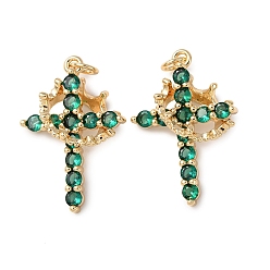 Зеленый Латунные микро проложить кубического циркония подвески, крест прелести, без кадмия и без свинца, стойки покрытие, долговечный, с целью перехода в кольце, реальный 18 k позолоченный, зелёные, 26.5x18x14 мм, отверстие : 3 мм