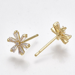 Real 18K Gold Plated Brass Cubic Zirconia Stud Earrings, Flower, Clear, Real 18K Gold Plated, 9x8mm, Pin: 0.7mm