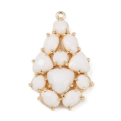 Белый Латунь стекло кулоны, слеза, без свинца и без кадмия, долговечный, стойки покрытие, реальный 18 k позолоченный, граненые, белые, 33x21x6 мм, отверстие : 1.2 мм