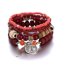 Red Bodhi & Glass Seed Beads Stretch Bracelets Sets, Bohemia Style Wing & Tower Alloy Charms Bracelets for Women, Red, 7-1/8 inch(18cm)