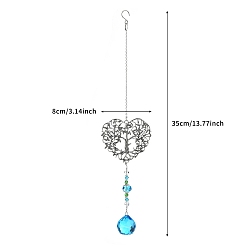 Deep Sky Blue Alloy Heart with Tree of Life Hanging Ornaments, Round Glass Charm Suncatchers for Home Outdoor Decoration, Deep Sky Blue, 360mm