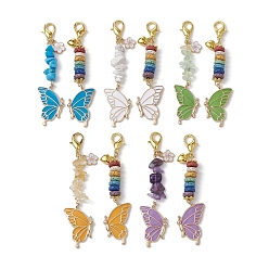Mixed Color Butterfly Alloy Enamel Pendants Decoraiton, Natural & Synthetic Mixed Stone Chip & Lava Rock Beads and Lobster Claw Clasps Charm, Mixed Color, 81~83mm, 2pcs/set