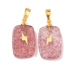 Клубничный Кварц Натуральные кварцевые подвески из клубники, с латунной фурнитурой и 304 кабошонами из нержавеющей стали, золотые, Прямоугольные подвески с узором в виде молний, 23~23.5x13~13.5x3.5~4 мм, отверстие : 7.5x4 мм