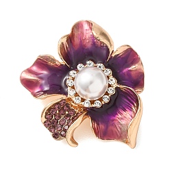 Bleu Ardoise Foncé Broches en alliage, émail, strass et perles de plastique, épingles à revers pour vêtements, pivoine, bleu ardoise foncé, 40x35.5mm