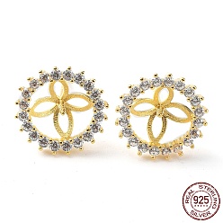 Real 18K Gold Plated 925 Sterling Silver with Cubic Zirconia Stud Earring Findings, with S925 Stamp, for Half Drilled Pearl Beads, Flower, Real 18K Gold Plated, 12mm, Pin: 0.7mm