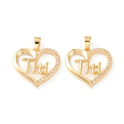 Real 18K Gold Plated Brass Micro Pave Clear Cubic Zirconia Pendants, Long-Lasting Plated, Heart with Word Titi, Real 18K Gold Plated, 19x19x2.5mm, Hole: 5x3.5mm