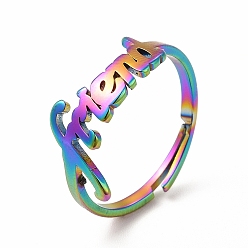 Rainbow Color Ion Plating(IP) 304 Stainless Steel Word Friend Adjustable Ring for Women, Rainbow Color, US Size 6(16.5mm)