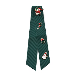 Dark Slate Gray Christmas Polyester Ribbon Safety Pin Brooch, with Alloy Enamel Santa Claus & Candy Cane & Wreath & Snowman, Iron Pin, Dark Slate Gray, 170~175x65x0.6~4.5mm