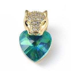 Light Sea Green Real 18K Gold Plated Rack Plating Brass Micro Pave Clear Cubic Zirconia Pendants, with Glass, Long-Lasting Plated, Cadmium Free & Lead Free, Leopard with Heart Charm, Light Sea Green, 20x12x10.5mm, Hole: 5x4mm