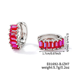 Фиолетовый Латунные прямоугольные серьги-кольца, с кубического циркония, платина, фиолетовые, 17x7 мм