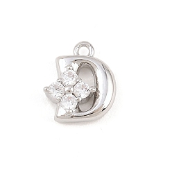 Letter D Латунные микропаве прозрачные кубические циркониевые подвески, долговечный, стойки покрытие, платина, без кадмия и без свинца, Буква D, 10x8.5x3.5 мм, отверстие : 1.2 мм