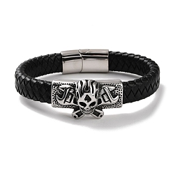 Antique Silver Men's Braided Black PU Leather Cord Bracelets, Halloween Skull 304 Stainless Steel Link Bracelets with Magnetic Clasps, Antique Silver, 8-5/8 inch(21.8cm)