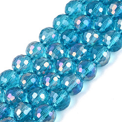 Deep Sky Blue Transparent Glass Beads Strands, Round, Faceted(96 Facets), AB Color Plated, Deep Sky Blue, 8mm, Hole: 1~1.2mm, about 67~71pcs/strand, 19.29~20.87 inch(49~53cm)
