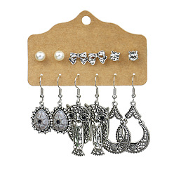 HQEF-0634 Set 3 Vintage Ethnic Style Earrings Set of 6 with Turquoise Stone in Antique Silver Finish