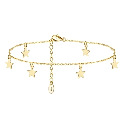 Real 14K Gold Plated 925 Sterling Silver Cable Chain Anklets with Star Charms for Women, with S925 Stamp, Real 14K Gold Plated, 8-1/4 inch(21cm)