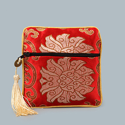 FireBrick Chinese Style Square Cloth Zipper Pouches, with Random Color Tassels and Auspicious Clouds Pattern, FireBrick, 12~13x12~13cm