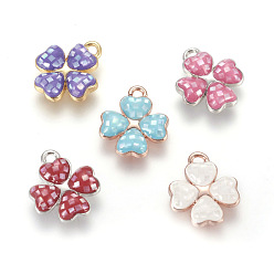 Mixed Color Brass Enamel Charms, with Freshwater Shell, Four Leaf Clover, Mixed Color, 14.5x12x3mm, Hole: 1.4mm