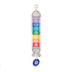 Antique Silver & Platinum Handmade Lampwork Evil Eye Pendant Decorations, 7 Chakra Cloth Hanging Ornament, with Alloy Finding, for Meditation, Yoga, Home Decor, Antique Silver & Platinum, 320mm, Hole: 14x10mm