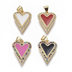 Mixed Color Brass Micro Pave Cubic Zirconia Pendants, with Enamel, Heart, Golden, Mixed Color, 22x16x2mm, Hole: 5x3.5mm