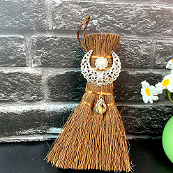 Flower Wood Wicca Broom Car Hanging Decoration, with Alloy Decoration and Teardrop Glass Charm, Flower, 140x90mm