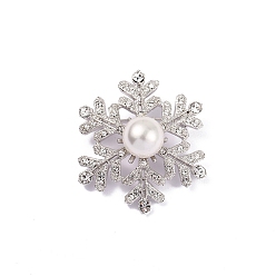 Platinum Christmas Snowflake Rhinestone Brooch Pin with Plastic Pearl Beaded, Alloy Brooch for Backpack Clothes, Platinum, 45mm