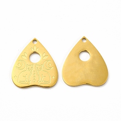Golden Ion Plating(IP) 304 Stainless Steel Pendants, Heart with Cat Charms, Golden, 25x22x1.4mm, Hole: 2mm