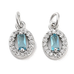 Light Blue Brass Micro Pave Cubic Zirconia Charms, with Jump Ring, Oval, Platinum, Light Blue, 10x6.5x3.5mm, Hole: 2mm