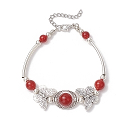 Красный Агат Браслеты из натурального сердолика, бабочка, с круглыми бусинами из сплава в тибетском стиле и латунными трубчатыми бусинами, 7-3/4 дюйм (19.8 см)