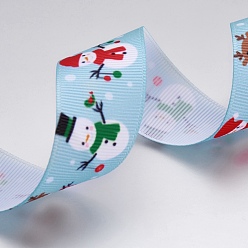 Sky Blue Polyester Printed Grosgrain Ribbons, Christmas Theme, Snowman, Sky Blue, 1 inch(25mm), about 100yards/roll(91.44m/roll)