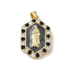 Серый Покрытие стойки латунные эмалированные подвески с кубическим цирконием, долговечный, без свинца и без кадмия, реальный 18 k позолоченный, шестиугольник, серые, 25x16.5x4.5 мм, отверстие : 3x4 мм