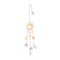 Golden Hanging Crystal Aurora Wind Chimes, with Prismatic Pendant, Eye-shaped Iron Link and Natural Amethyst, for Home Window Lighting Decoration, Golden, 315mm