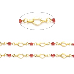 Real 18K Gold Plated Rack Plating Brass Rhombus & Ring & Oval Link Chains, with Red Glass Beaded, Unwelded, with Spool, Lead Free & Cadmium Free, Real 18K Gold Plated, Link: 12x10x1mm, 5.5x1mm, 13x4.5mm, 8x2x3mm