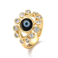 Black Lampwork Evil Eye Open Cuff Ring with Clear Cubic Zirconia, Real 18K Gold Plated Brass Jewelry for Women, Black, Inner Diameter: 18mm
