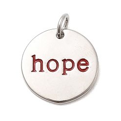 Красный Латунь эмаль подвески, плоские круглые со словом надежды, стойки покрытие, долговечный, без кадмия и без свинца, платина, с целью перехода в кольце, красные, 15x1.5 мм, отверстие : 3 мм