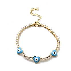 Deep Sky Blue Heart with Evil Eye Enamel Link Bracelet with Clear Cubic Zirconia Tennis Chains, Gold Plated Brass Jewelry for Women, Cadmium Free & Lead Free, Deep Sky Blue, 7-1/8 inch(18cm)