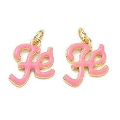Pink Латунь эмаль подвески, слово fe чары, стойки покрытие, долговечный, реальный 18 k позолоченный, розовые, 12.5x12.5x2 мм, отверстие : 3 мм