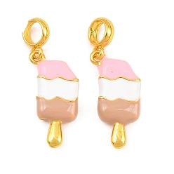 Pink Brass Enamel European Dangle Charms, Large Hole Beads, Ice Lolly, Real 18K Gold Plated, Pink, 27mm, Hole: 4.5mm