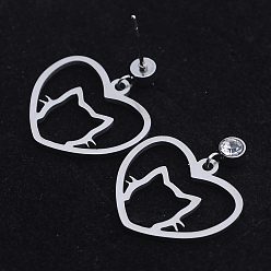 Stainless Steel Color 201 Stainless Steel Kitten Dangle Stud Earrings, with Clear Cubic Zirconia, Heart with Cat Head, Stainless Steel Color, 23mm, Pin: 0.8mm