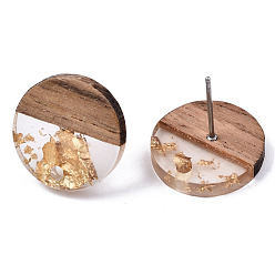 Clear Transparent Resin & Walnut Wood Stud Earring Findings, with 304 Stainless Steel Pin and Gold Foil, Flat Round, Clear, 15mm, Hole: 1.8mm, Pin: 0.7mm