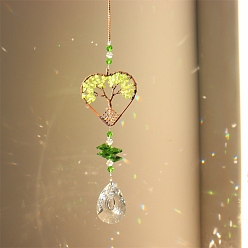 Olive Quartz Natural Olive Quartz Chip Wrapped Heart with Tree of Life Hanging Ornaments, Glass Teardrop Tassel Suncatchers for Home Outdoor Decoration, 180mm