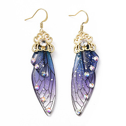 Medium Purple Resin Butterfly Wing Dangle Earrings with Clear Cubic Zirconia, Real 18K Gold Plated Brass Jewelry for Women, Cadmium Free & Lead Free, Medium Purple, 70mm, Pin: 0.7mm