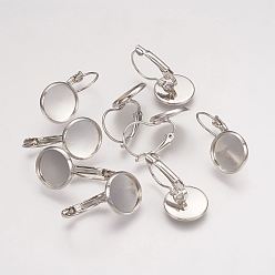Platinum Brass Leverback Earring Findings, Flat Round, Platinum, 13~14x25~27mm, Tray: 12mm, Pin: 0.5mm