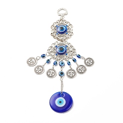 Antique Silver Glass Turkish Blue Evil Eye Pendant Decoration, with Alloy Flower & Flat Round Design Charm, for Home Wall Hanging Amulet Ornament, Antique Silver, 230~240mm, Hole: 13.5x10mm