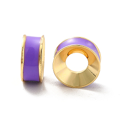 Medium Purple Brass Enamel European Beads, Large Hole Beads, Real 18K Gold Plated, Long-Lasting Plated, Flat Round, Medium Purple, 9x4mm, Hole: 4mm