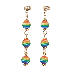 Colorful Resin Stripe Beaded Dangle Stud Earrings, 304 Stainless Steel Long Drop Earrings, Colorful, 53x8mm