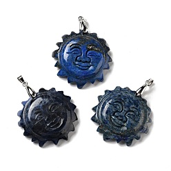 Lapis Lazuli Natural Lapis Lazuli Pendants, with Platinum Tone Brass Findings, Lead Free & Cadmium Free, Sun with Smiling Face, Dyed, 42x34~35x10.5mm, Hole: 3.8x5mm