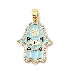 Небесно-голубой Латунь эмаль подвески, Религия Хамса обереги для рук, без свинца и без кадмия, долговечный, стойки покрытие, реальный 18 k позолоченный, голубой, 25.5x19x2 мм, отверстие : 3.5x6 мм