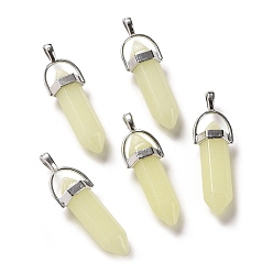 Light Green Bullet Pointed Synthetic Luminous Stone Pendants, Glow In The Dark Pendants, with Platinum Tone Alloy Findings, Light Green, 41x8mm