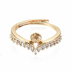 Real 18K Gold Plated Brass Micro Pave Clear Cubic Zirconia Peg Bails Cuff Finger Ring Settings, for Half Drilled Bead, Nickel Free, Real 18K Gold Plated, US Size 7 3/4(17.9mm), Pin: 0.9mm