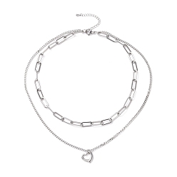 Stainless Steel Color Non-Tarnish 304 Stainless Steel Double Chains Multi Layered Necklace with Heart Charm for Women, Stainless Steel Color, 16.34 inch(41.5cm)